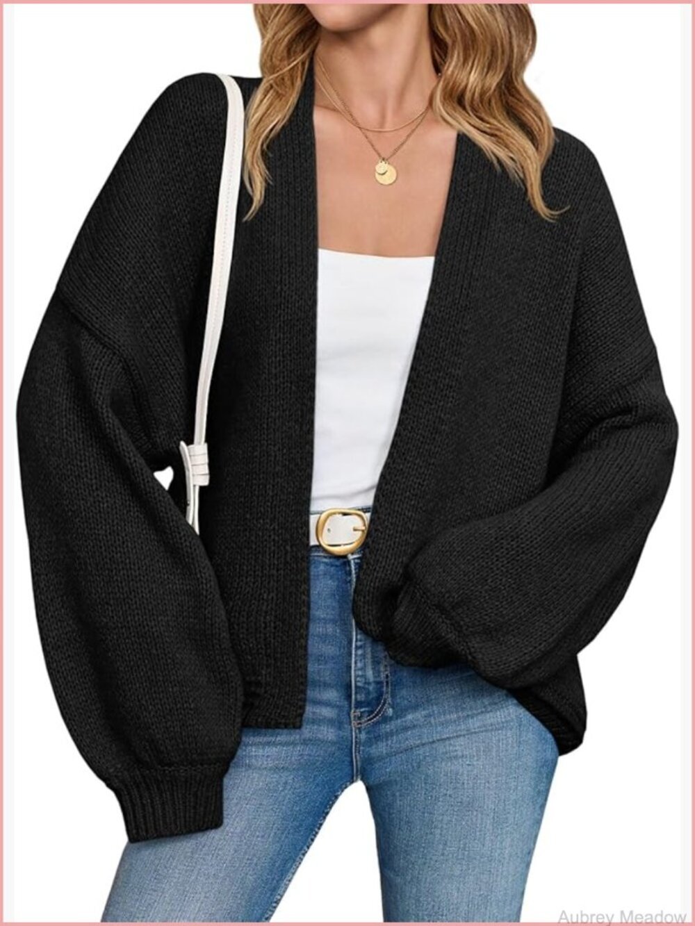 Open Front Chunky Knit Cardigan Long Lantern Sleeve Oversized Relaxed Fit